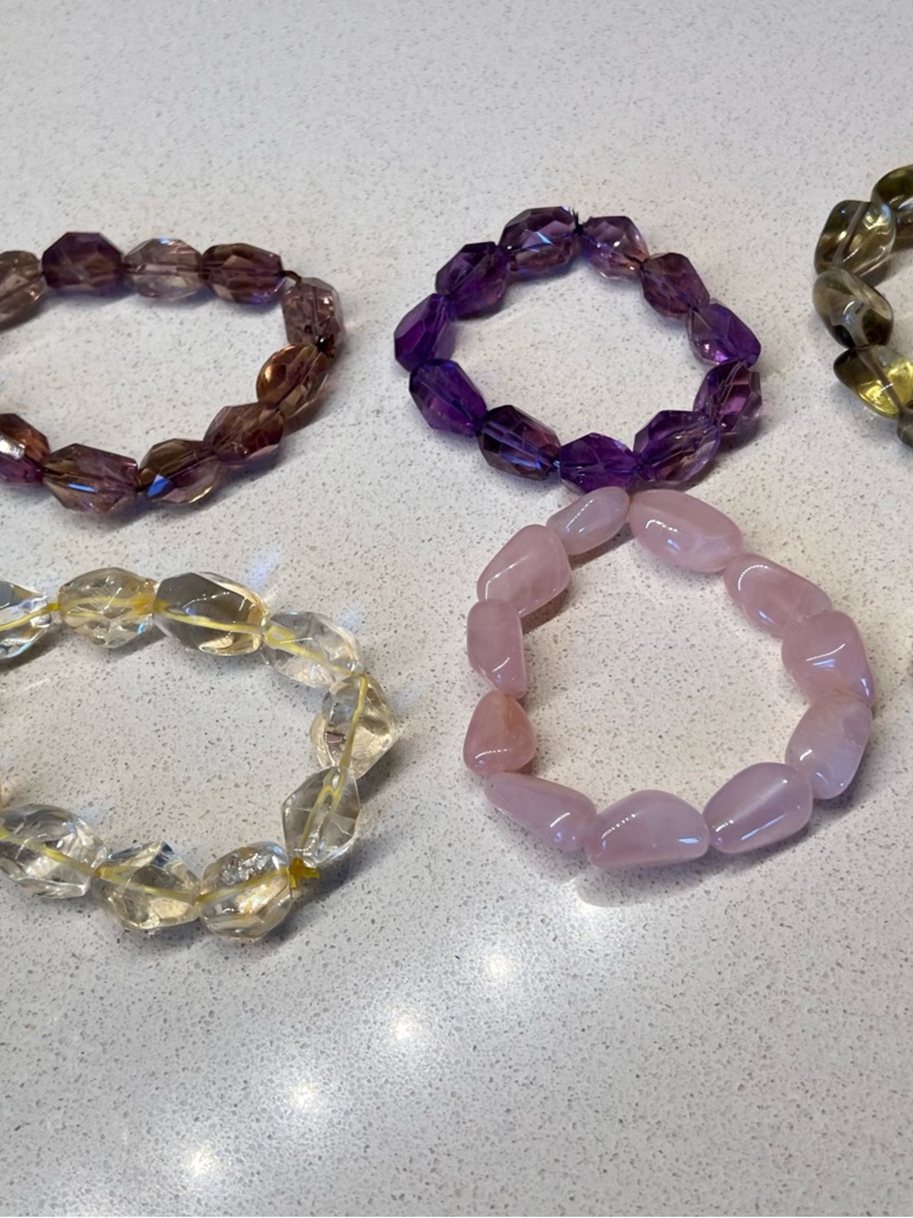 6 Crystal/Stone Stretch Power Bracelet -Rose Quartz, Amethyst, Smoky Crystal…
